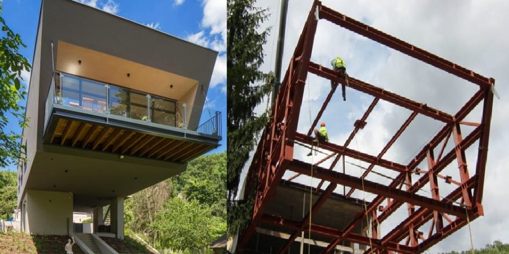 Lietajúci dom 3: Oceľová rámová konštrukcia, skelet a drevená konštrukcia